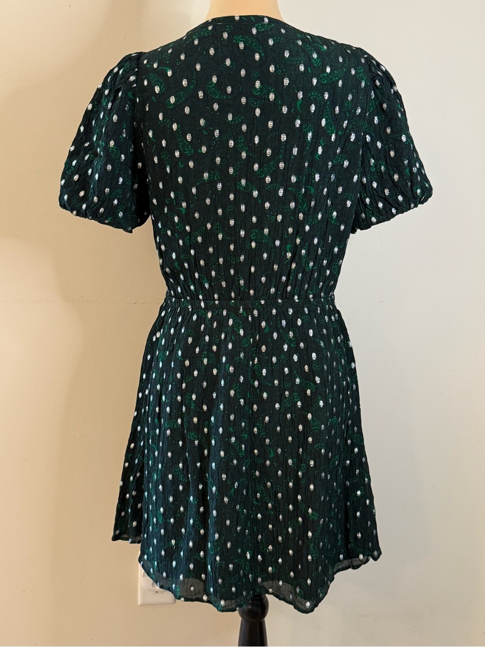 Loft fit & flare dress forest green & floral metallic pattern SZ M - Picture 4 of 14